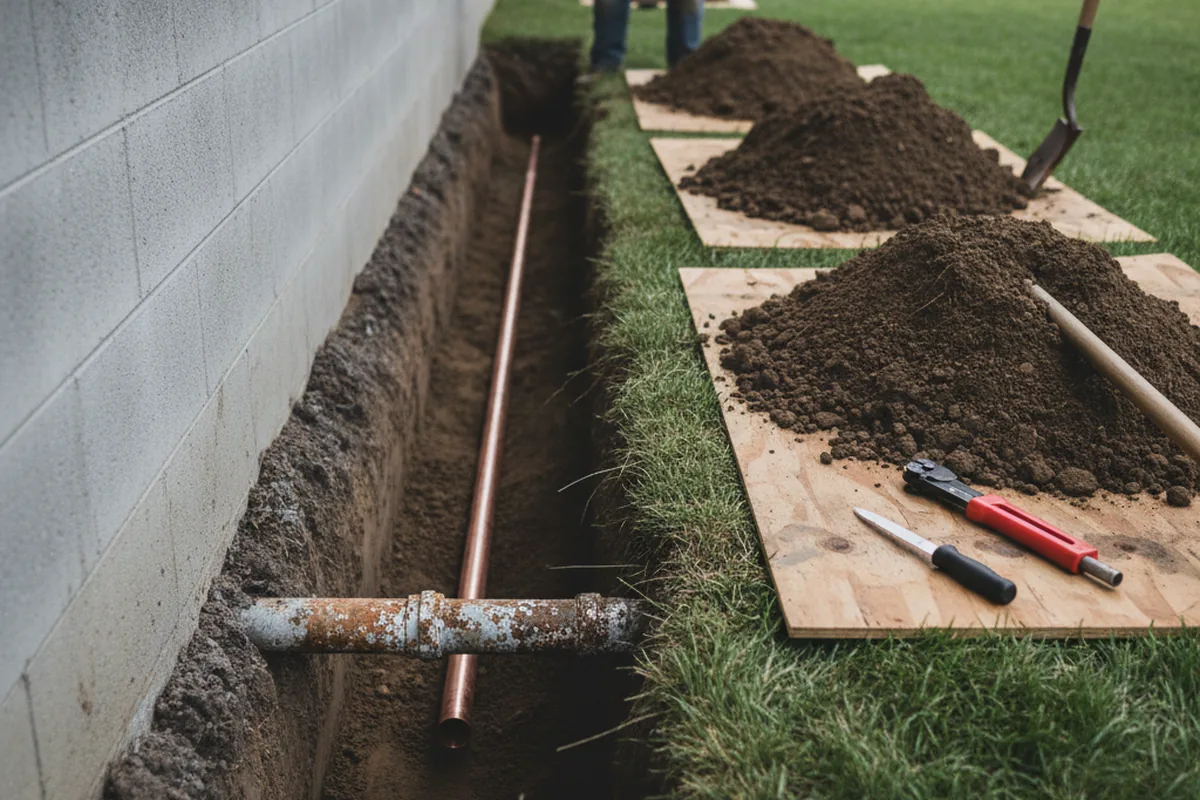 Excavated water line trench during Water Softener Installation in Maybee